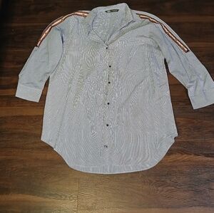 Zara Women's Striped Blue Shirt with Tan Accents